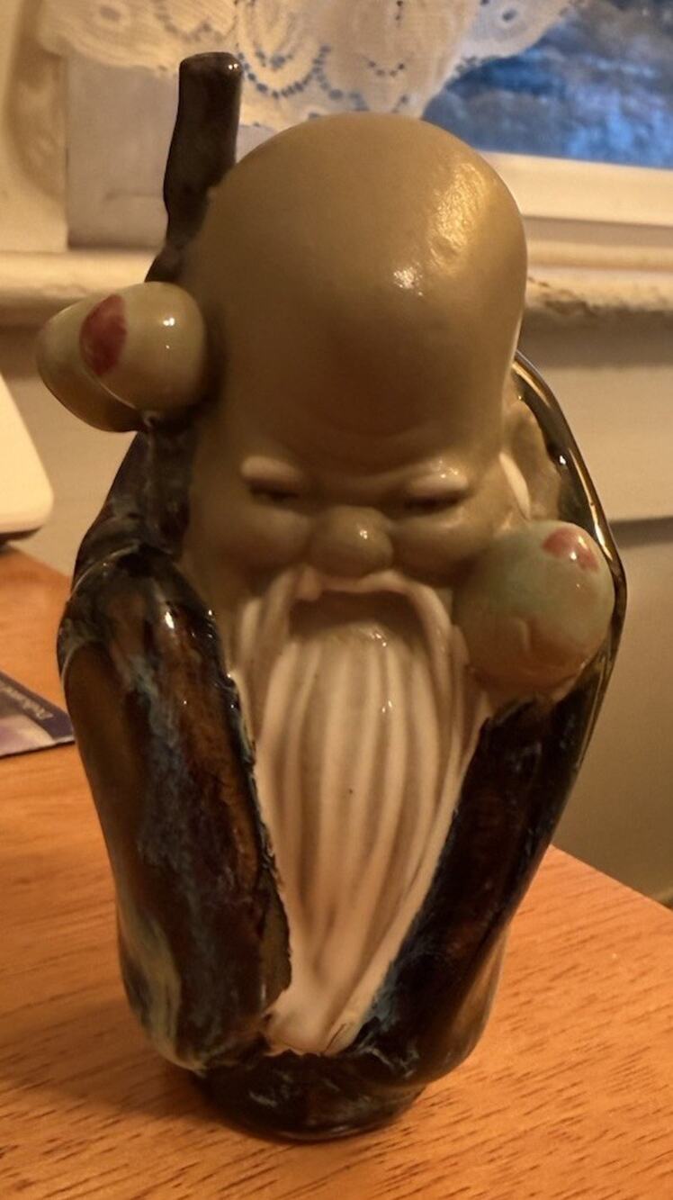 Vintage Chinese God of Longevity Mudman Clay Figurine Shou Xing Blue Glaze 4”